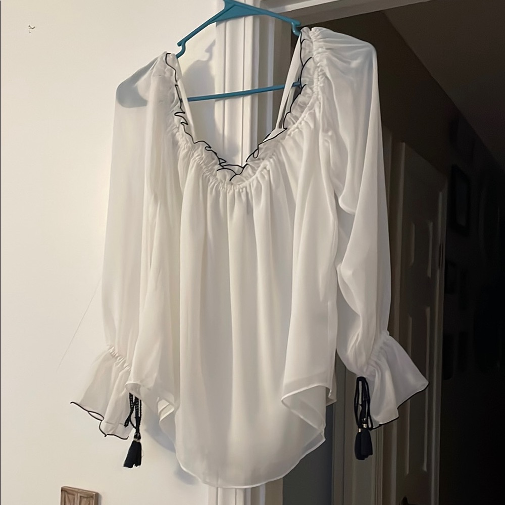 Elegant White Blouse with Black Trim